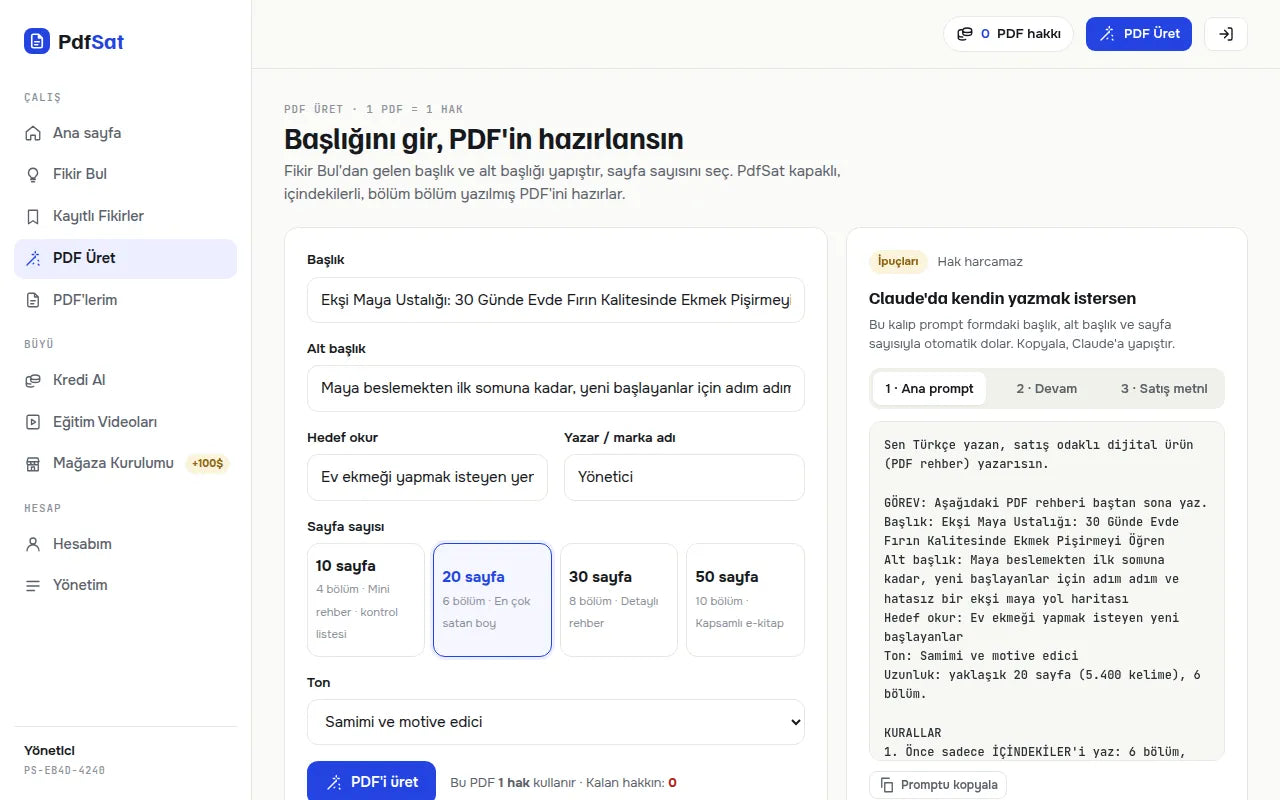 PDF Üret ekranı
